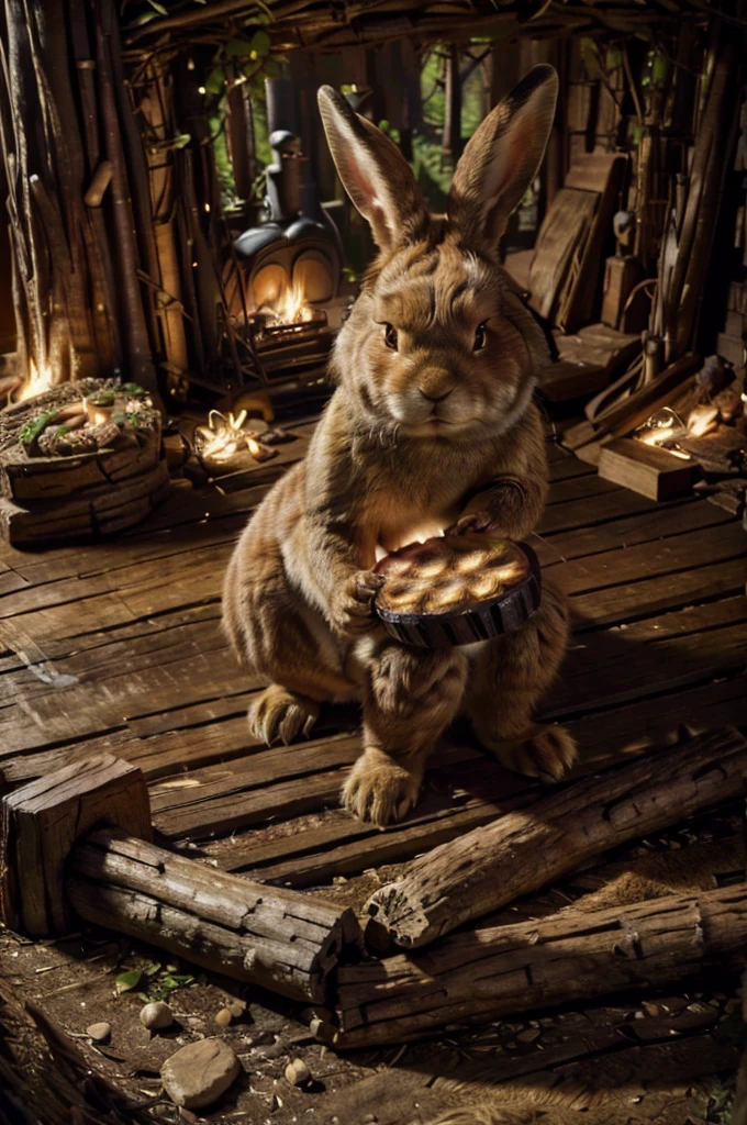 a floppy eared anthropomorphic brown and tan rabbit dressed like an ewok drumming his right rear leg on a hollow log, masterpiece, best, photo realistic