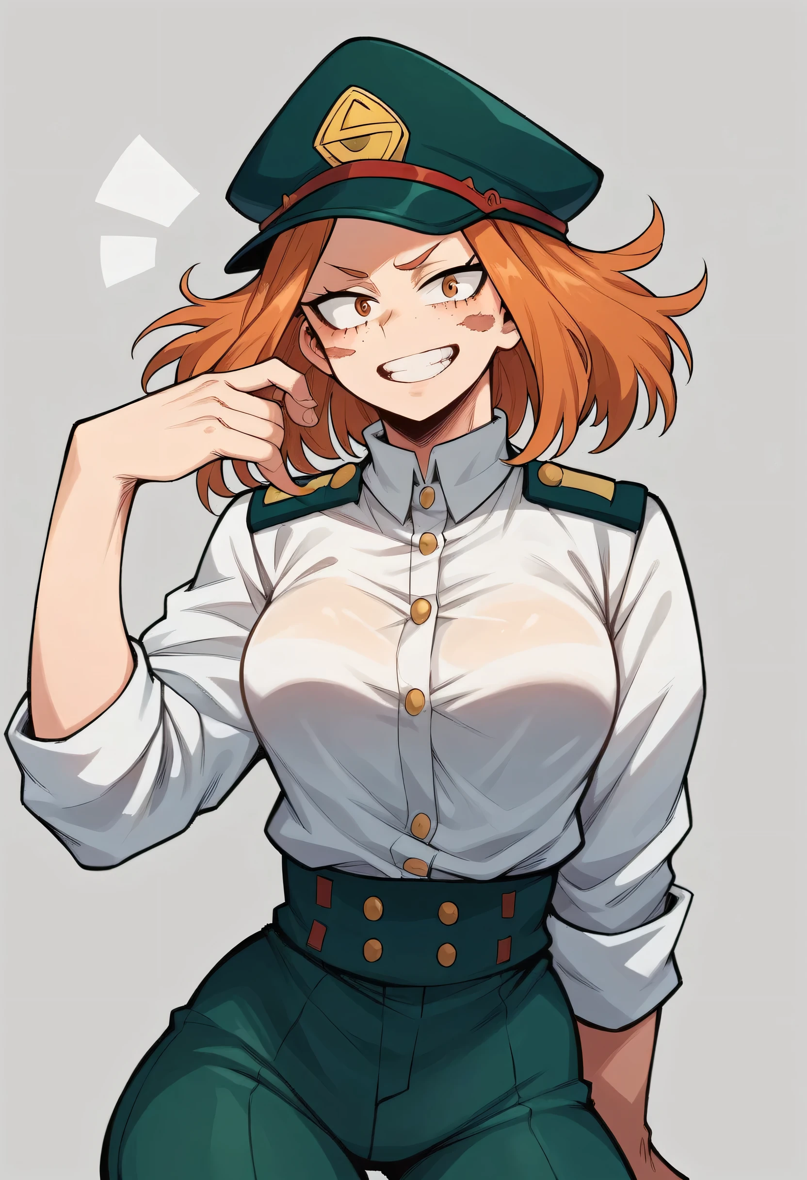 a girl with orange hair and her left eye is blue and her right eye is green with freckles all over her body and a scar on her lips and the girl is created with the drawing style of the anime boku no hero and the uniform of UA academia from the anime my hero academia