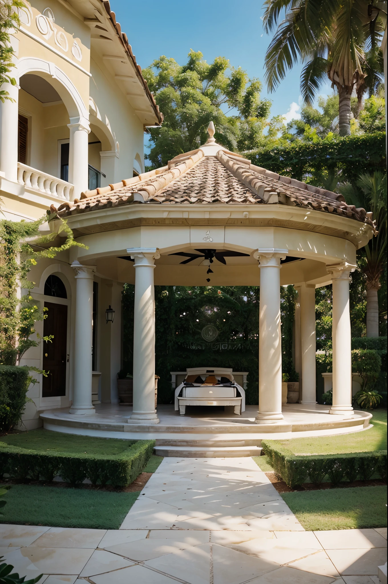 “Create an image of a Classical Mediterranean-style house facade, featuring verdant tropical gardens and white curved accents. The house should display graceful elegance with Corinthian columns. In the charming backyard, include a swimming pool, a gazebo, and a lush tropical garden. The land area is 48 meters wide by 46 meters long, with six bedrooms, six bathrooms, one powder room/toilet, one maid room, and parking space for four cars.”