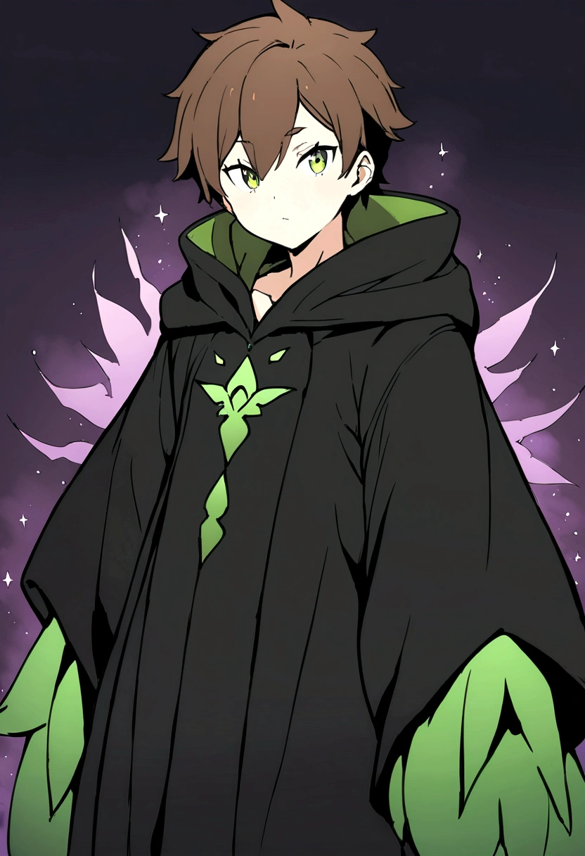 Masterpiece, High quality, High quality of art, best quality, best details, anime lineart, Re:Zero art style, 1boy, boy postager, fluffy dark brown hair, green-brown eyes color, Tall stature, black cultist robe