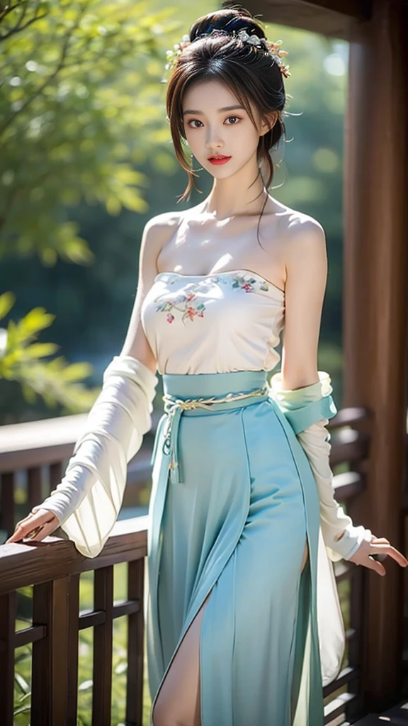 hanfu-song, hanfu, Song Theme, Drawstring, Tube Top, (masterpiece, best quality:1.2), 1 Girl, Solitary, ((Bare shoulders)), (Practical:1.37), ((Bare shoulders)), Random Scenes, Random shooting angle, Sweet Girl, beautiful妆容, Exquisite makeup, Extremely beautiful eyes, Long hair, curls, slim, Large Breasts, cleveage, Sexy slender legs, The skirt is very short, Leaking sexy legs, Elegant Posture, best quality, correct, correct的手, correct的腿, 解剖学correct, Official Art, complicated, detail的脸, detail, lifelike, Very detailed, Astonishing, beautiful, Young and energetic, Charming model, Detailed CG8k wallpaper