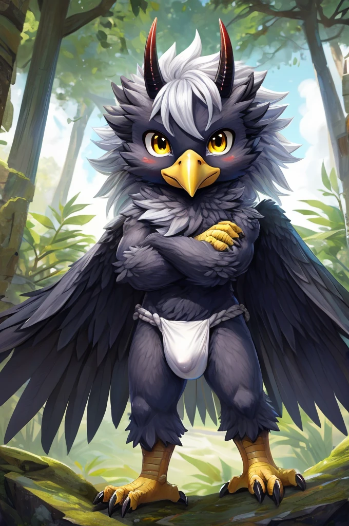 ultra-detailed, masterpiece, masterwork, high quality, best quality, hdr, (nature, japanese style), nsfw, male, solo, avian, chibi, (bulge white fundoshi), (navy little body crow), (long silver hair, beak, horn), detailed yellow eyes, tsurime, standing, dynamic angle, wings, cross your arms