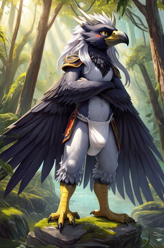ultra-detailed, masterpiece, masterwork, high quality, best quality, hdr, (nature, japanese style), nsfw, male, solo, avian, chibi, (bulge white fundoshi), (navy little body crow), (long silver hair, beak, horn), detailed yellow eyes, tsurime, standing, dynamic angle, wings, cross your arms