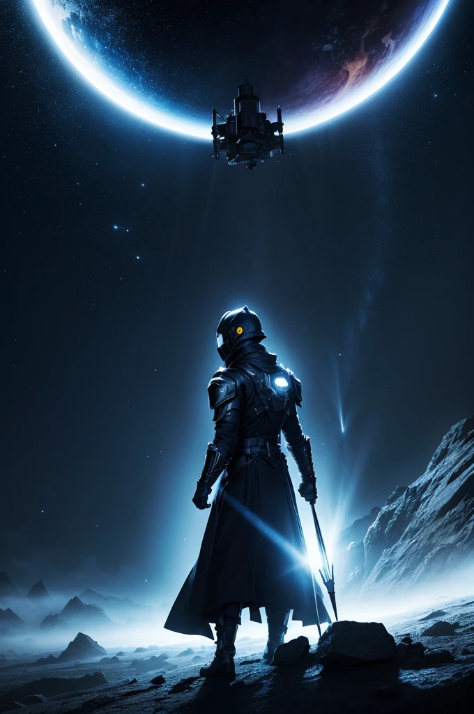 Darkness of space but with a very strong point of light 