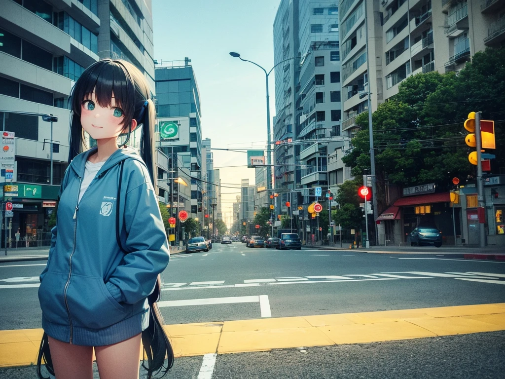 You can see the sea at the end of the slope、Traffic lights flashing blue against the sky、There is a woman looking up at a traffic light floating in the sky., Light blue long hair、Beautiful girl with twin tails、Bright smile、Green blouson、The traffic light is flashing blue、 Lo-fi art style, Nostalgic and melancholic artwork, 