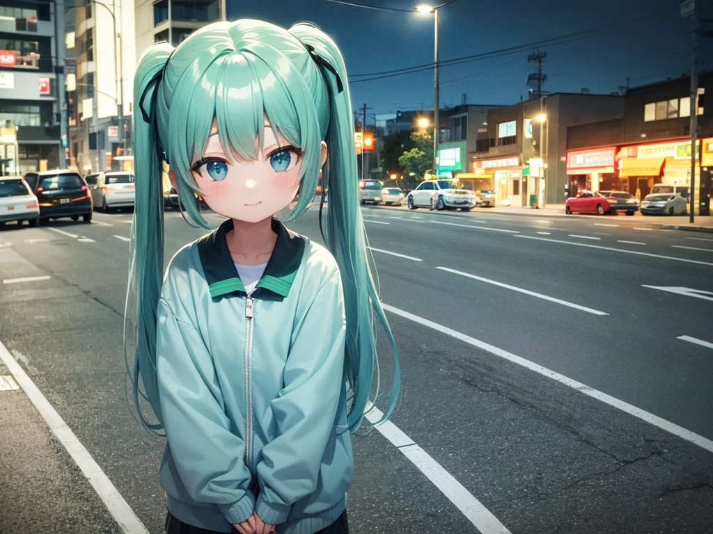 You can see the sea at the end of the slope、Traffic lights flashing blue against the sky、There is a woman looking up at a traffic light floating in the sky., Light blue long hair、Beautiful girl with twin tails、Bright smile、Green blouson、The traffic light is flashing blue、 Lo-fi art style, Nostalgic and melancholic artwork, 