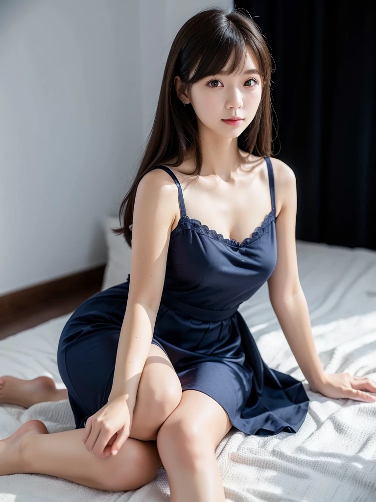 White Room、Navy Blue Dress 、(Highest quality)), (Very detailed), ((Very detailed)), 4K, (8k), Highest quality, One person,Kind Face、Soft Light、RAW quality、Thighs、Heel