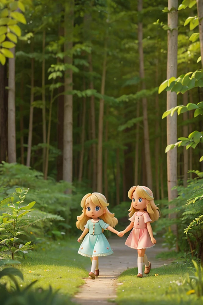 a little blonde girl with long hair holding the hand of a blonde fairy with short hair, and they go into a forest