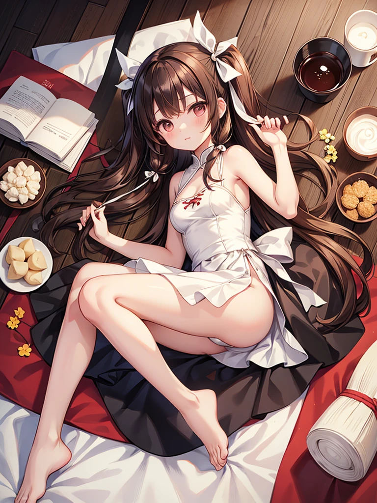 Plain white china dress with black string side opening, sleeveless knee-length cleavage,Brown hair long hair dumpling twin tail, black hair ribbon,white China shoes, Barefoot,About ,