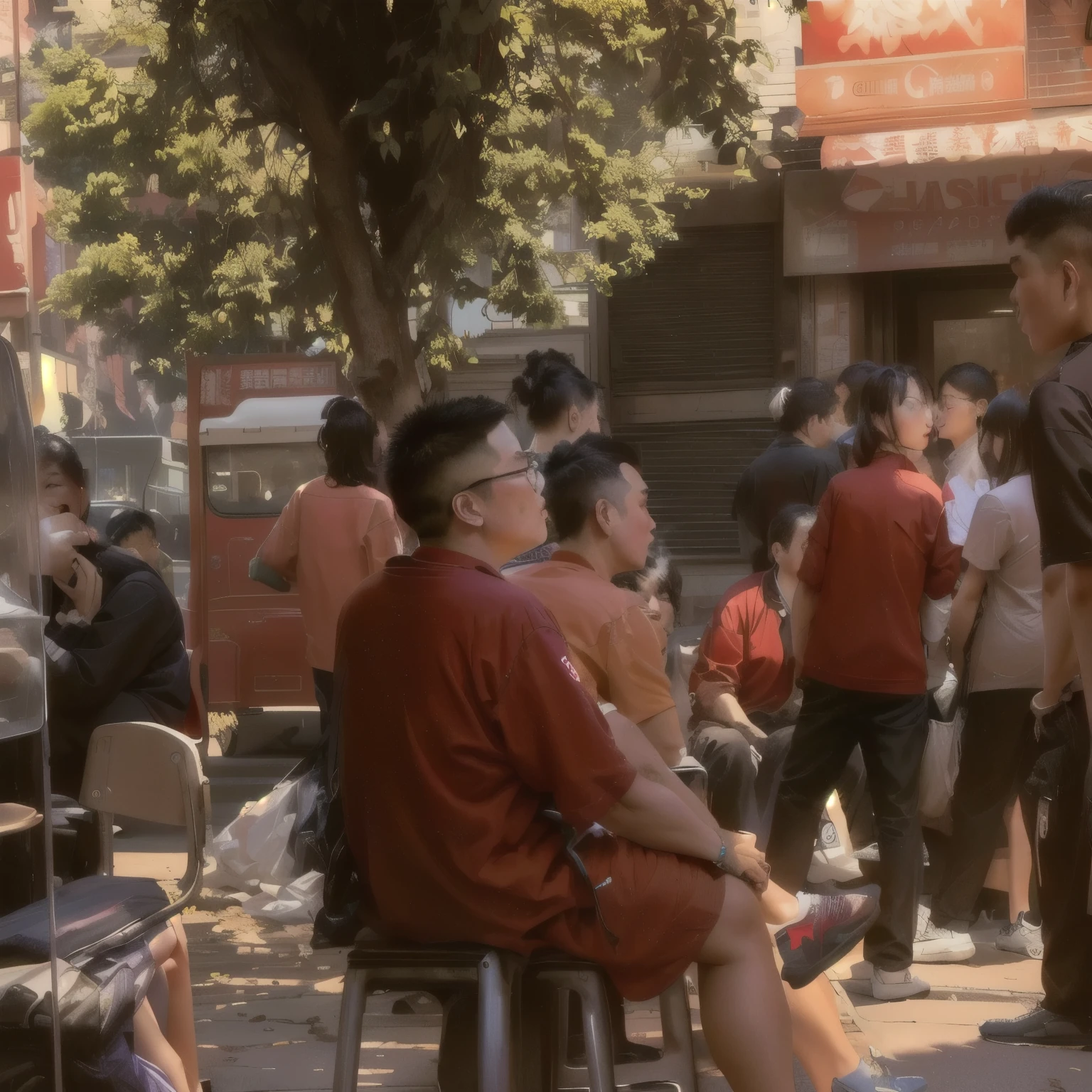 People sitting on red chairs in crowded area of city, small crowd of people, , Bystanders, on the street, People are watching, People on the street, Smoking break, On a street, Busy Street, Scenes, on the street, Chinese Artists, People are watching around, People eating outside, Street Life