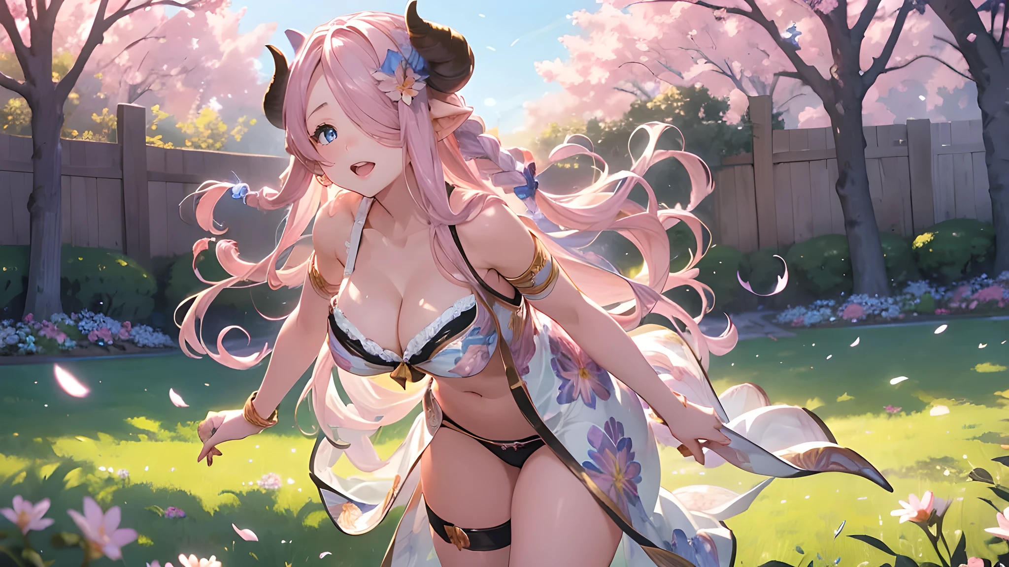 Narmaya, a beautiful anime girl with detailed facial features, standing in a lush field of colorful flowers, sunlight streaming through the petals, highly detailed, photorealistic, 8K, masterpiece, intricate floral patterns, delicate skin, flowing hair, serene expression, dynamic pose, vibrant colors, natural lighting, fantasy landscape, seamless integration