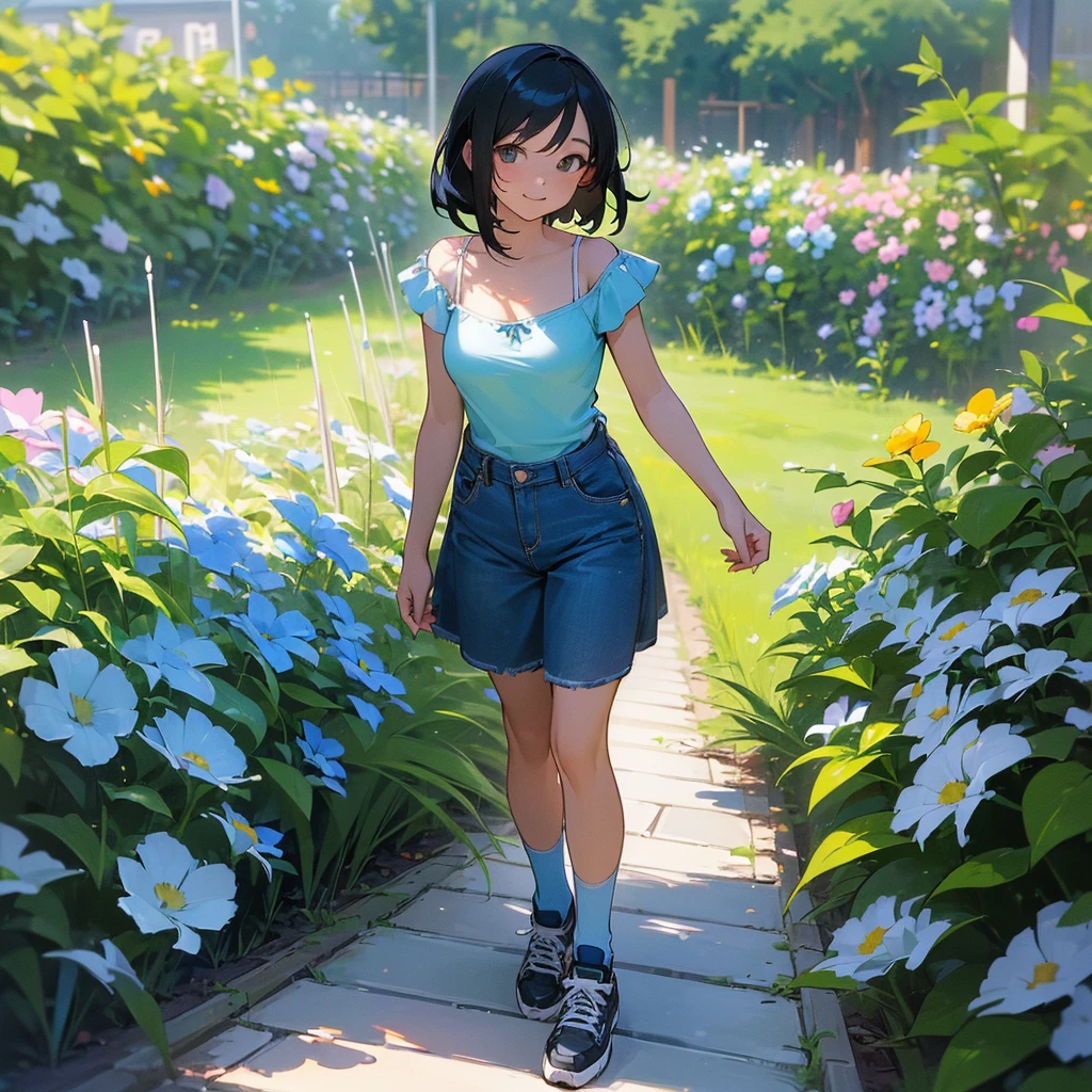 (high quality, High resolution, Very detailed, reality:1.37), Peaceful atmosphere, (Outdoor, garden),  girl standing alone, (my breasts are big.), Beautiful details, Cute Smile, (Black bob hair), camisole, Denim skirt, Blue socks, sneakers.