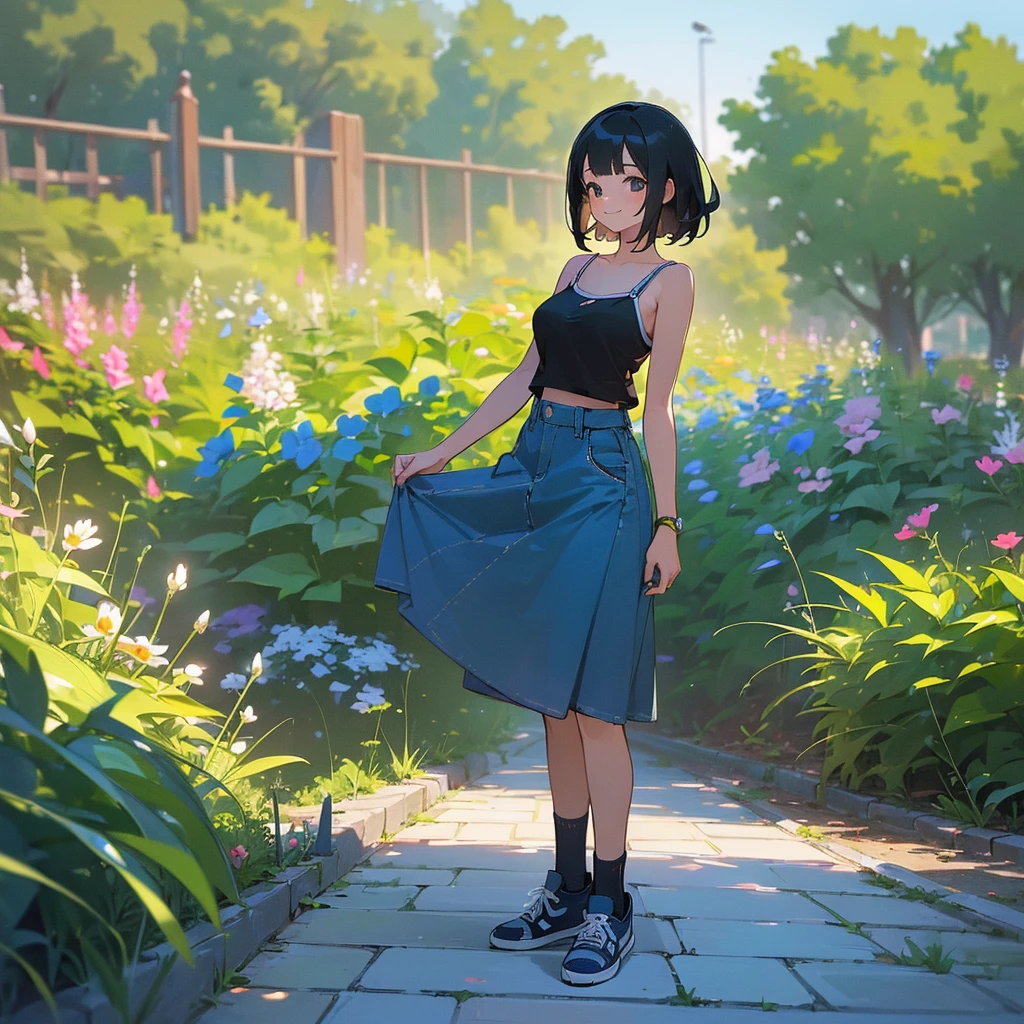 (high quality, High resolution, Very detailed, reality:1.37), Peaceful atmosphere, (Outdoor, garden), Teenage girl standing alone, (my breasts are big.), Beautiful details, Cute Smile, (Black bob hair), camisole, Denim skirt, Blue socks, sneakers.