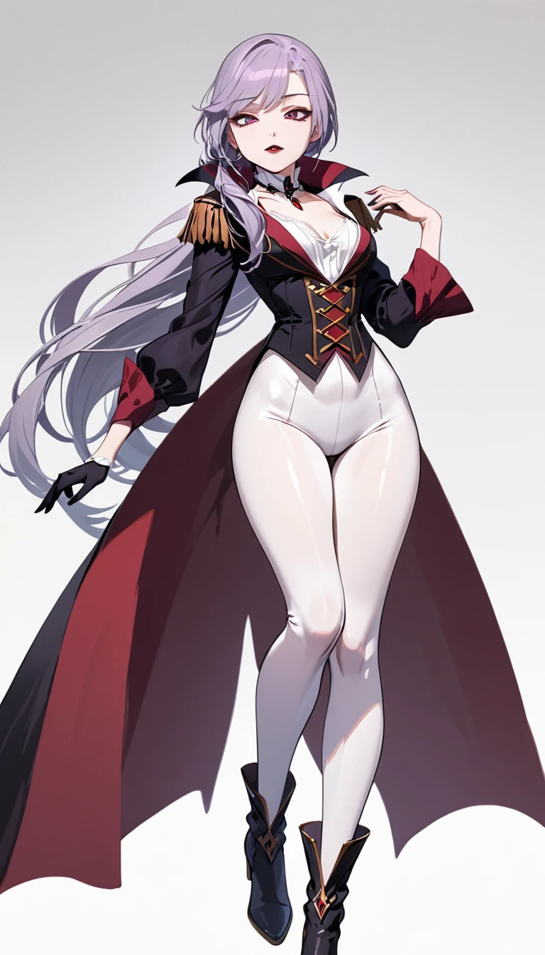 (masterpiece, best quality:1.2), 1girl, solo, Sonata, vampire, purple hair, white leggings with under neck boots, white background