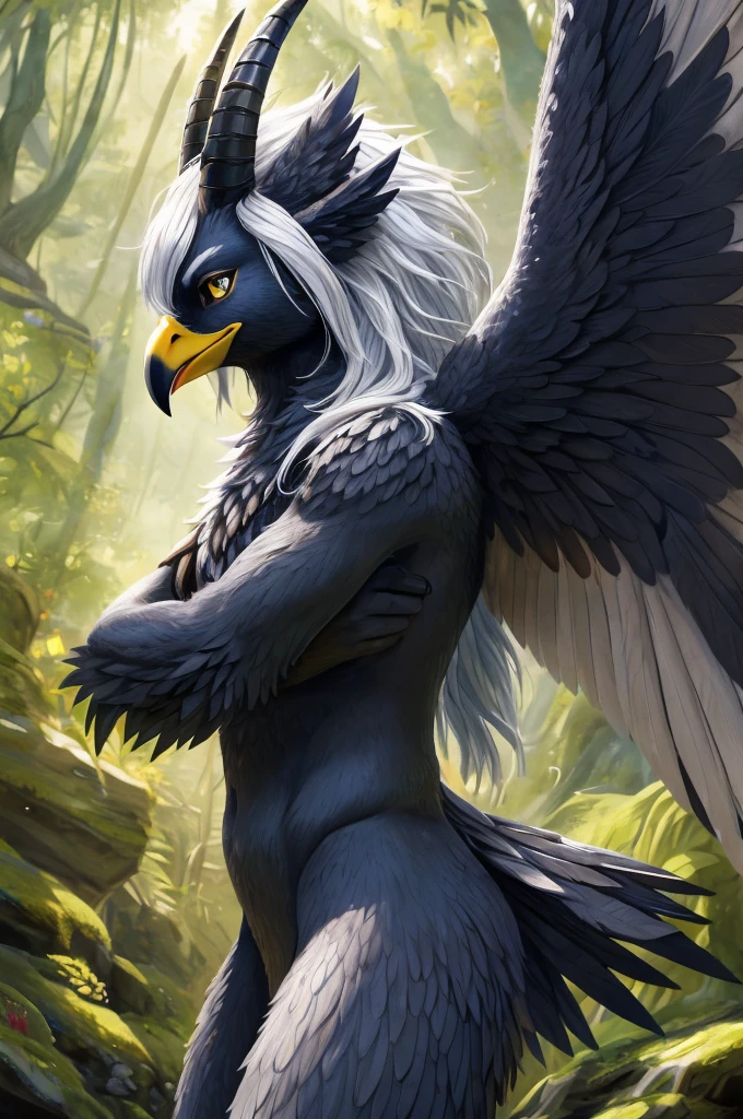 ultra-detailed, masterpiece, masterwork, high quality, best quality, hdr, (nature, japanese style), nsfw, male, solo, avian, (nude), (navy little body crow), (long silver hair, beak, horn), detailed yellow eyes, tsurime, hip focus, dynamic angle, wings, cross your arms