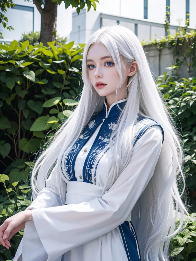 Long white hair, blue eyes, serious features, white skin, loose style, in a garden
