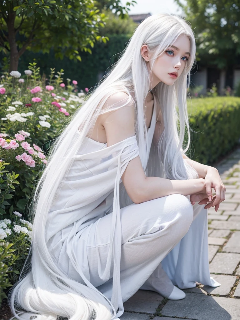 Long white hair, blue eyes, serious features, white skin, loose style, in a garden
