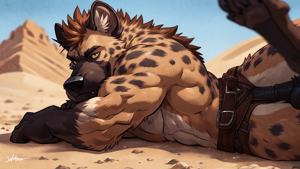 anthro hyena, 4k, high resolution, best quality, posted on e621, solo, anthro body, male, adult, masculine, (slim, strong pectorals, define muscles, muscular shoulders), correct anatomy, (dune background), (blurry background, out-of-focus background:1.2), (by takemoto arashi:1.0), (by wfa:1), (by Taran Fiddler:0.5), sexy, (cel shaded, cartoony shading:1.2), black lineart, black outline, flat coloring, (strong shadows, dark shadows:1.2), (a female hyena sucking oon his dick), sexy shadows, (lying on yhe ground):1.2, big dick, spreaded legs,
