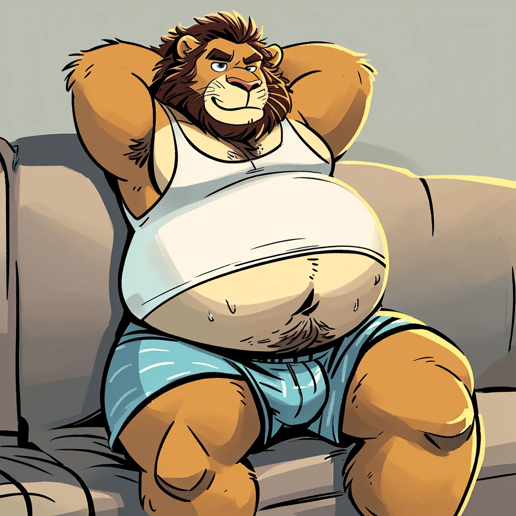 solo, lion, two identical heads on one body, ears, tail, masculine, necks, pixar eyes, adult, male, 50 years old, by dramamine, (ugly, fat, dadbod, chubby, big belly, sweaty, solid gray background, (white sleeveless shirt, boxers), correct hands, correct anatomy, (ultradetailed, best quality, detailed masterpiece, highly detailed masterpiece, 4k, professional cartoon), (natural pose, sitting on couch, hands behind head, nuanced expressions)