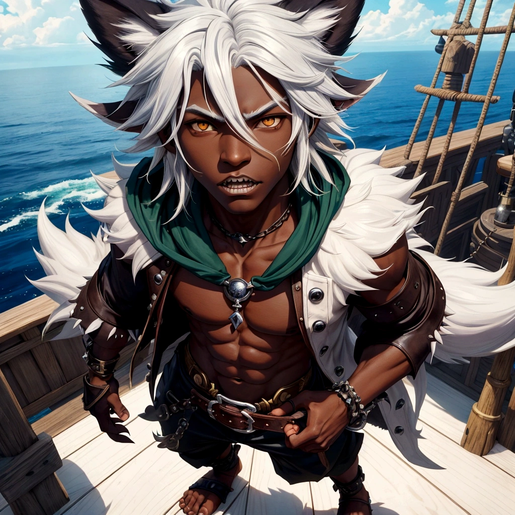 Full body art in the FinalFantasy-Anime style, a beautiful boy with black skin tone like ebony made of shadows, 11-years old, white eyes, spiky white hair lifted upwards, frayed and combed back. He has jaguar ears, sharp teeth and claws on his hands and feet, he is walking on the ship, he wears rustic Druid clothes made of very short leather, with a fur hood, perfect and large feet. on a pirate ship