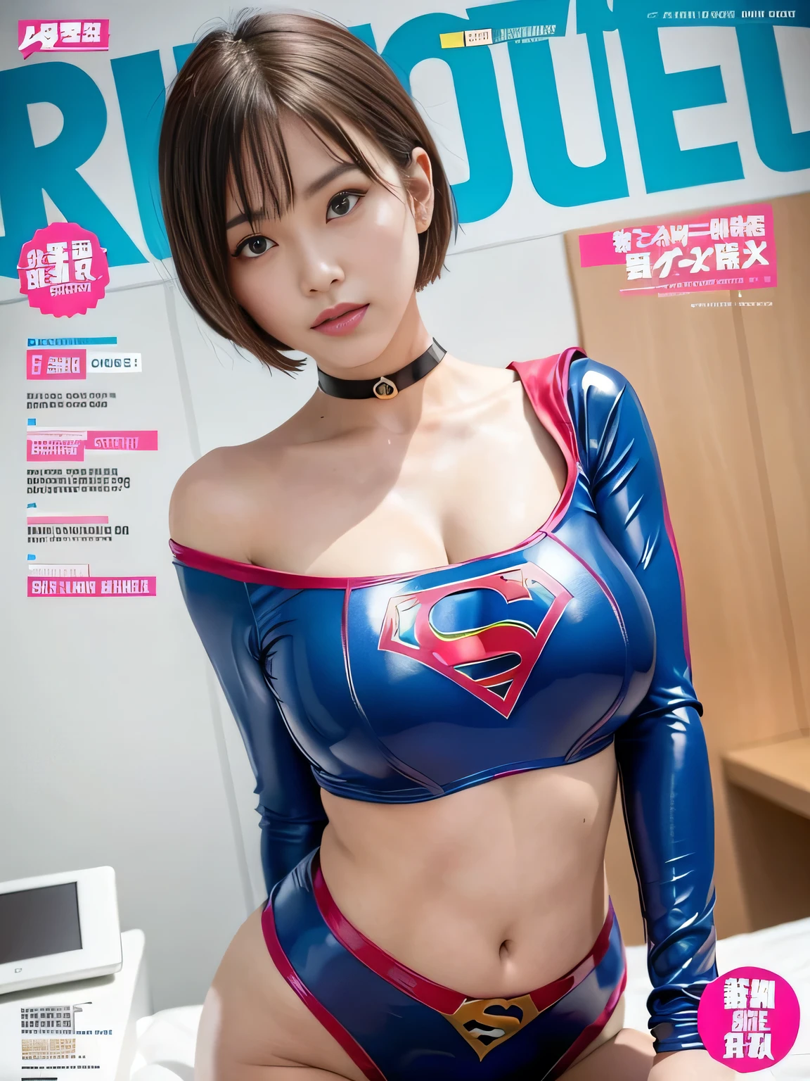 masterpiece、Enamel Supergirl Costume、Short Hair、Hospital operating table、Crisis situation、Big and ample breasts、looking at the camera、Shiny、Off the shoulder、choker、Long sleeve、exy poses to seduce、Sweaty skin、Model Body Type、Alluring、charm、Enchanting、Abused、test subject、victim、Wild、Photorealistic、latex、Expose your belly、athlete、Racing Bloomers、Adult magazine cover layout、