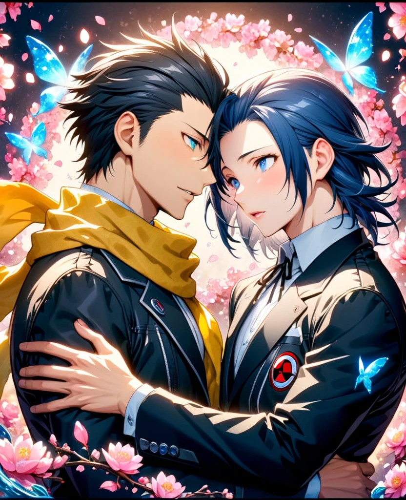 absurdres, highres, ultra detailed, HDR, master piece, best quality, Arisato Minato, dark blue hair, hair over the right eye, expressive blue eyes, Persona 3, Mochizuki Ryouji, black hair slicked back, ruffled hair, expressive blue eyes, two sexy men together, gay couple, yaoi, handsome, black jacket, white shirt, yellow scarf, magical, fantasy, shining, pink flowers, pink blossoms, pink butterflies, pink petals, water