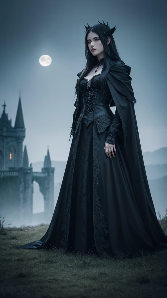 /imagine prompt: A high-resolution illustration of a vampire with sharp fangs, standing in the moonlit night. The vampire has a beautiful, mesmerizing appearance and is dressed in dark, elegant attire. The background features an ancient castle shrouded in mist, emphasizing the eerie atmosphere. Created using: digital art, vibrant color palette, dynamic composition, gothic style, detailed textures, hd quality --ar 16:9 --v 6.0