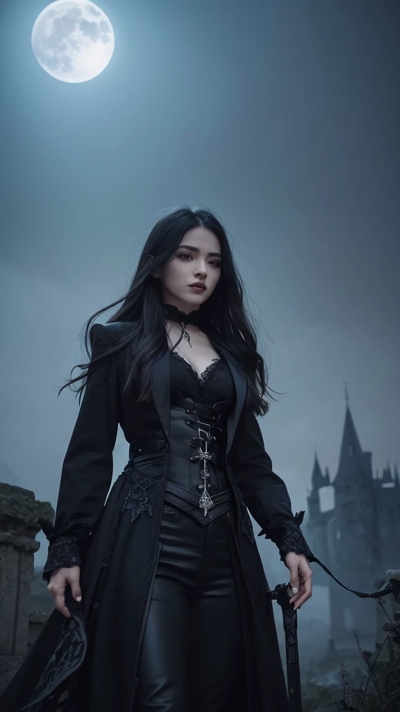 /imagine prompt: A high-resolution illustration of a vampire with sharp fangs, standing in the moonlit night. The vampire has a beautiful, mesmerizing appearance and is dressed in dark, elegant attire. The background features an ancient castle shrouded in mist, emphasizing the eerie atmosphere. Created using: digital art, vibrant color palette, dynamic composition, gothic style, detailed textures, hd quality --ar 16:9 --v 6.0