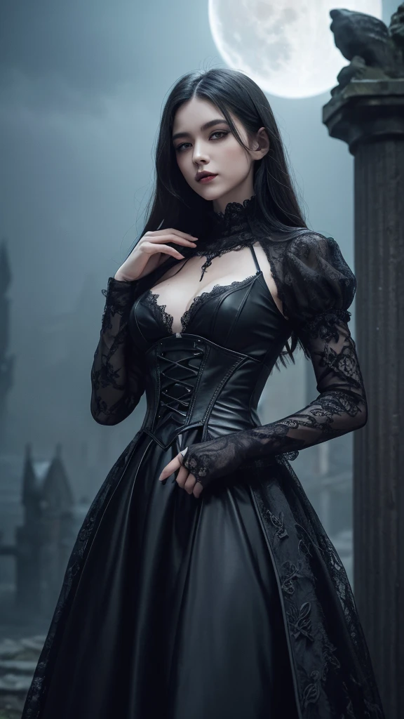 /imagine prompt: A high-resolution illustration of a vampire with sharp fangs, standing in the moonlit night. The vampire has a beautiful, mesmerizing appearance and is dressed in dark, elegant attire. The background features an ancient castle shrouded in mist, emphasizing the eerie atmosphere. Created using: digital art, vibrant color palette, dynamic composition, gothic style, detailed textures, hd quality --ar 16:9 --v 6.0