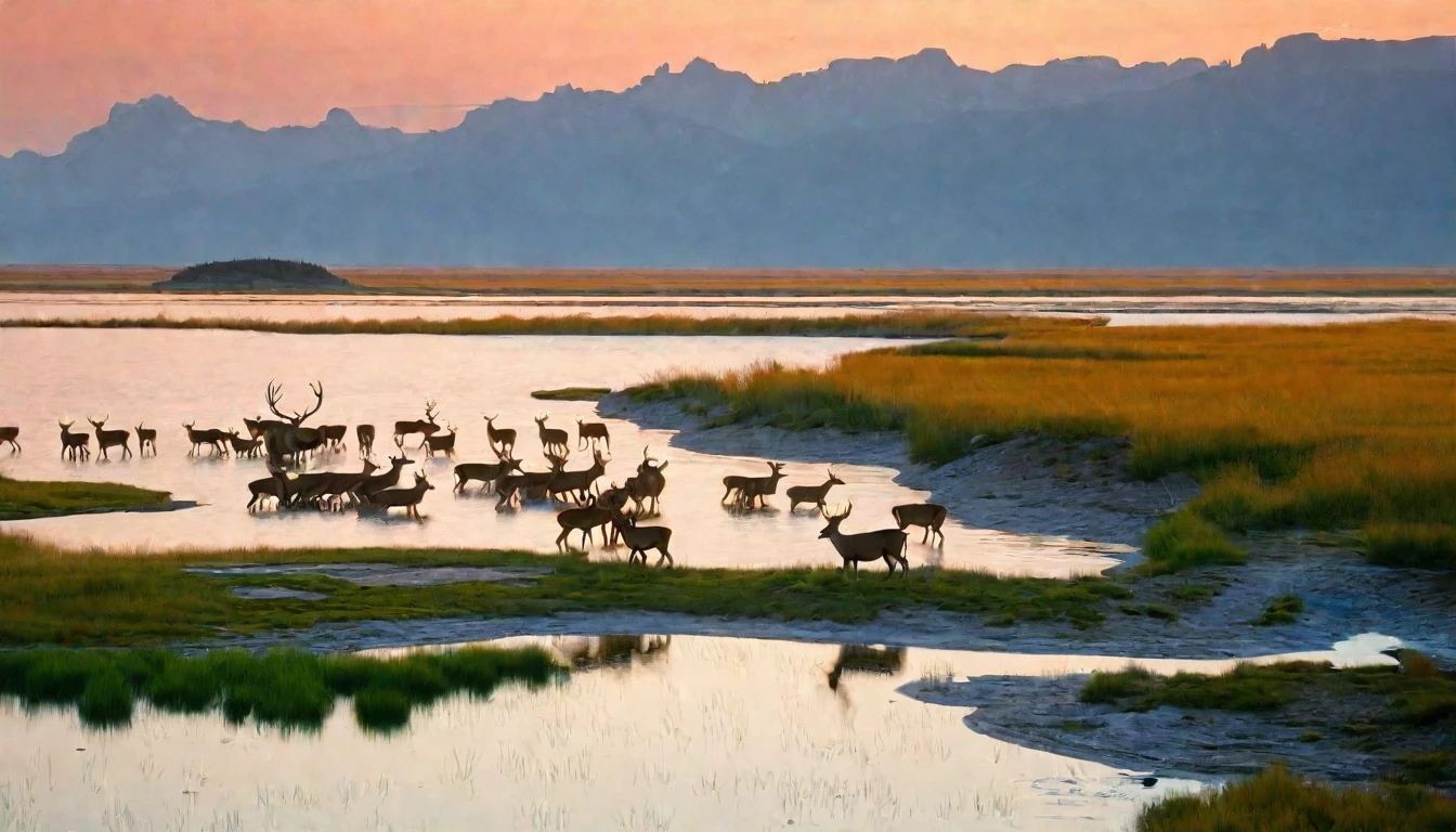 Morning glow，Xia Guang Wandao，Morning glow，Xia Guang Wandao，一群deer站在水体旁的沼泽地里, deer drinking water in the lake, Frans Lanting, Photographer Art Wolfe, deer, wild animals photo, author：Jurgen von Hondberg, utah, wyoming, Nature documentary stills, Large target, In the vast and peaceful landscape, wild animals, beautiful picture, Wide-angle lens