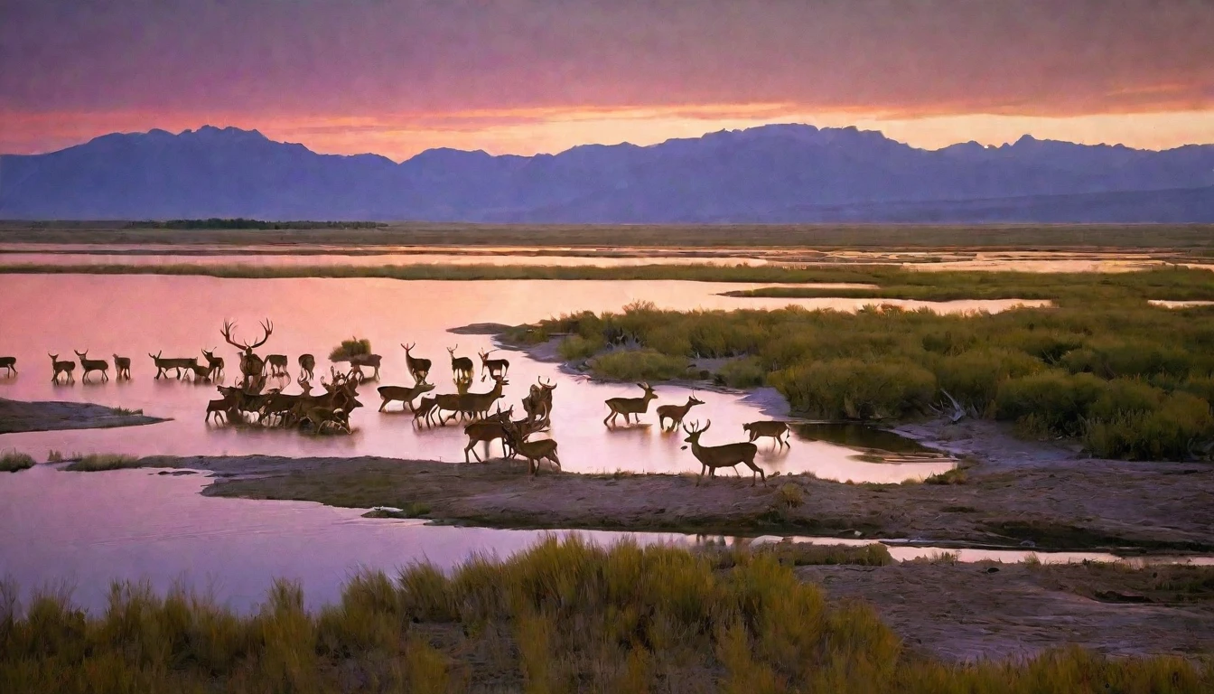 Morning glow，Xia Guang Wandao，Morning glow，Xia Guang Wandao，一群deer站在水体旁的沼泽地里, deer drinking water in the lake, Frans Lanting, Photographer Art Wolfe, deer, wild animals photo, author：Jurgen von Hondberg, utah, wyoming, Nature documentary stills, Large target, In the vast and peaceful landscape, wild animals, beautiful picture, Wide-angle lens