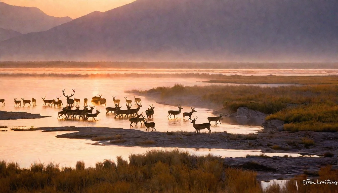 Morning glow,Xia Guang Wandao,Morning glow,Xia Guang Wandao,一群deer站在水体旁的沼泽地里, deer drinking water in the lake, Frans Lanting, Photographer Art Wolfe, deer, wild animals photo, author:Jurgen von Hondberg, utah, wyoming, Nature documentary stills, Large target, In the vast and peaceful landscape, wild animals, beautiful picture, Wide-angle lens