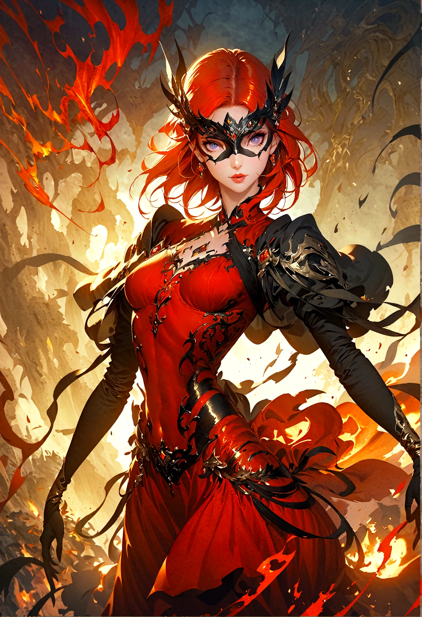 a beautiful redheaded woman wearing a red dress, veil, and headscarf, detailed fantasy art, beautiful fantasy art, artstation pixiv artgerm style, beautiful girl, 2D CGI anime fantasy art, fantasy art style, elegant fantasy style, flames surrounding the body,(Eye mask:1.2)