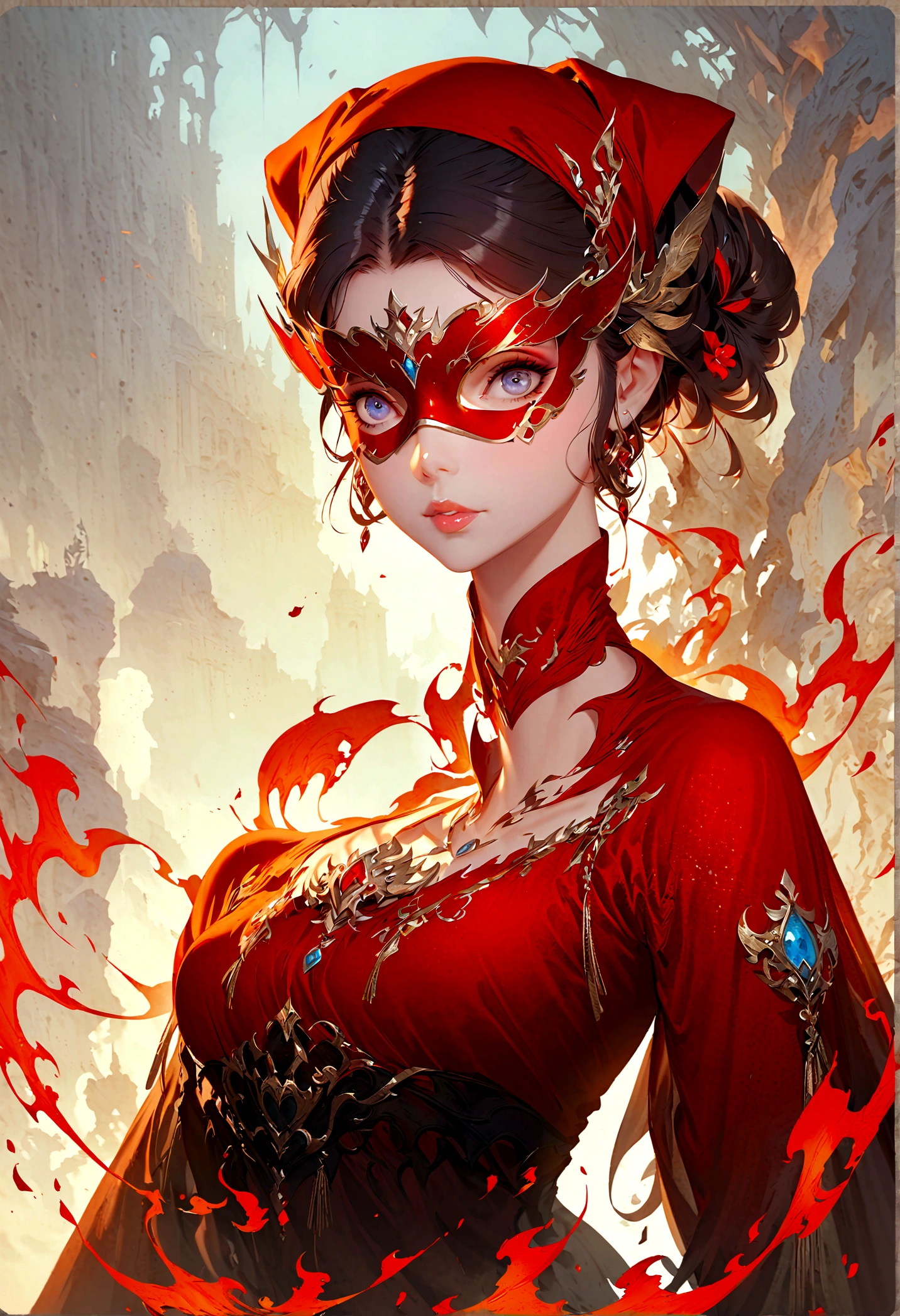 a beautiful redheaded woman wearing a red dress, veil, and headscarf, detailed fantasy art, beautiful fantasy art, artstation pixiv artgerm style, beautiful girl, 2D CGI anime fantasy art, fantasy art style, elegant fantasy style, flames surrounding the body,(Eye mask:1.2)