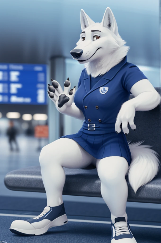 Barbara\(Moscow\), (white body:1.3), white fur, Brown eyes, Moscow, dressed, airport employee uniform,skirt,shoes, is sitting, canine, wolf, Detailed fur, Female, breast, antro, paw pads, finger claws, waving, waving at viewer, 5 fingers, paws, 4 toes,ring,
BREAK from nextel, for dating, by xenoforge, (difficult, high detail, film photography, soft focus, RAW is sitting,
Photorealism, realistic, photorealistic, digital style, Subsurface scattering,
masterpiece, Best quality, ultra realistic, 8 k)