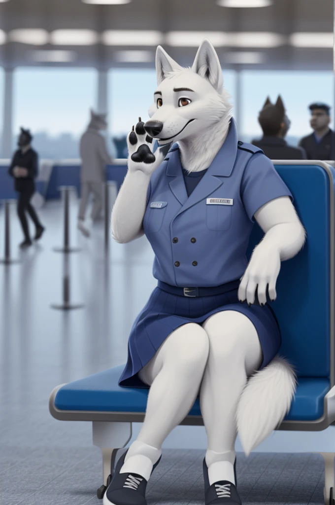 Barbara\(Moscow\), (white body:1.3), white fur, Brown eyes, Moscow, dressed, airport employee uniform,skirt,shoes, is sitting, canine, wolf, Detailed fur, Female, breast, antro, paw pads, finger claws, waving, waving at viewer, 5 fingers, paws, 4 toes,ring,
BREAK from nextel, for dating, by xenoforge, (difficult, high detail, film photography, soft focus, RAW is sitting,
Photorealism, realistic, photorealistic, digital style, Subsurface scattering,
masterpiece, Best quality, ultra realistic, 8 k)