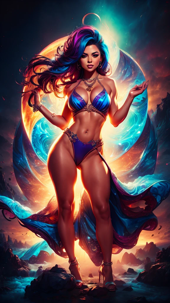 Full body of Latina Adult model Daisy Marie with colorful hair and necklace, ultrarealistic women with cosmic hair, Rossdraws' soft vitality, Guvez style artwork, fantasy art style, colorful], vibrant fantasy style, Rossdraws cartoon full of vitality, cosmic and colorful, Guweiz, colorful digital fantasy art, stunning art style, beautiful hyperrealistic style, full body lighting, skin brightening, sexy expression, sexy pose 