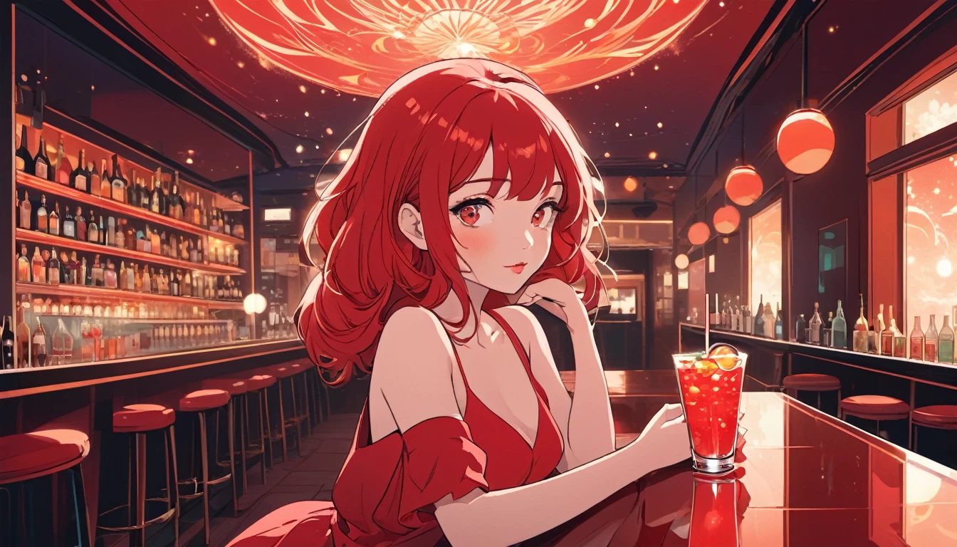 Beautiful woman,Red cocktail in a bar, Wide-angle lens, Lofi Anime, Lofi illustration, Aesthetic atmosphere, Lo-Fi Style, Vector art, Flat Design, Simple shape, Warm tones, Pleasant atmosphere, Chill, In anime style, Digital drawing, Vector art, Vector logo for t-shirt printing, (Adorable:1.5), (small:1.4), (Playful:1.2), (soft:1.3), (Whimsical:1.1), masterpiece, Highest quality, 8k, Intricate details, grow, Celestial, Mysterious, Picturesque, amazing, Majestic, Magic, Fantasy art, Cover art, dream-like