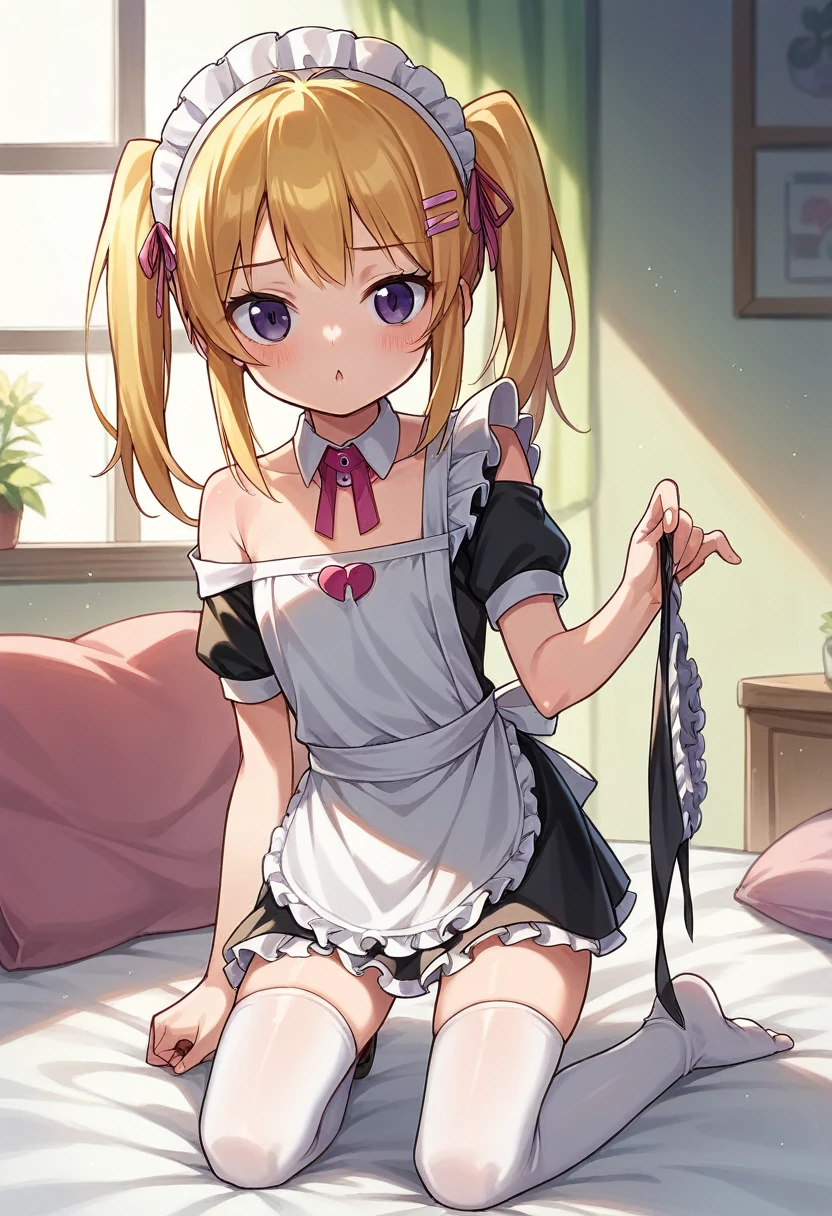 masterpiece1.0, best quality1.0, FHD1.0, female , 
****,cute,cute,cute, cheerful, kneeling, looking at viewer, twintail, blonde,  , hair ribbon, thighhighs, ((((((frilled clothing)))))), ((((((off shoulder)))))), ((((((undone clothing)))))), ((((((mini skirt)))))), ((((((maid)))))), ((((((apron)))))), ((((((absurdres)))))), ((((((kawaii)))))), ((((((cel anime)))))),fullbody