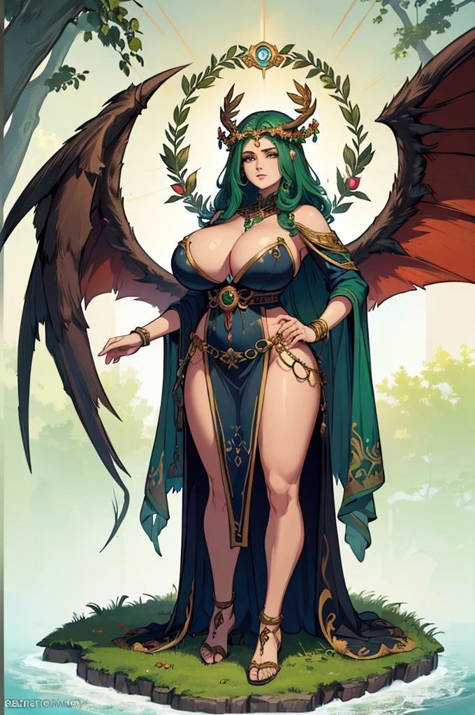 (masterpiece, best quality, high resolution, ((standing full body)),((huge breasts))1 beautiful man with divine appearance, full body fantasy druid god clothes, jewelry and accessories, serious look, setro color druid god, druid god wings, superb posture