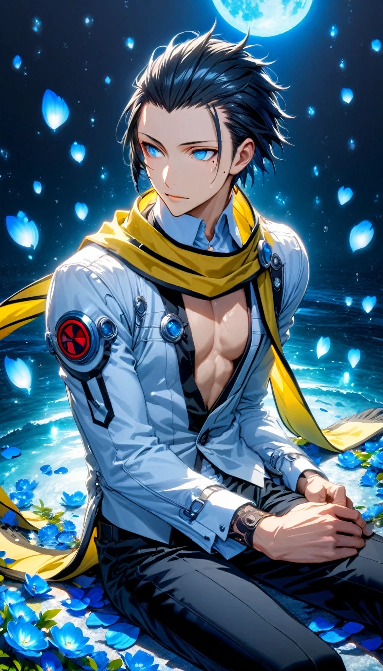 Ultra detailed, Highres, absurdres, HDR, Mochizuki Ryouji, black hair, slicked back hair, expressive blue eyes, yellow scarf with black patterns, Persona 3, fantasy, petals, handsome, sexy man, solo, very detailed eyes and face, master piece, blue flowers, shining blue fireflies, petals, magical, water, mole under his left eye, black pants, white shirt, toned chest, blue moon, sitting