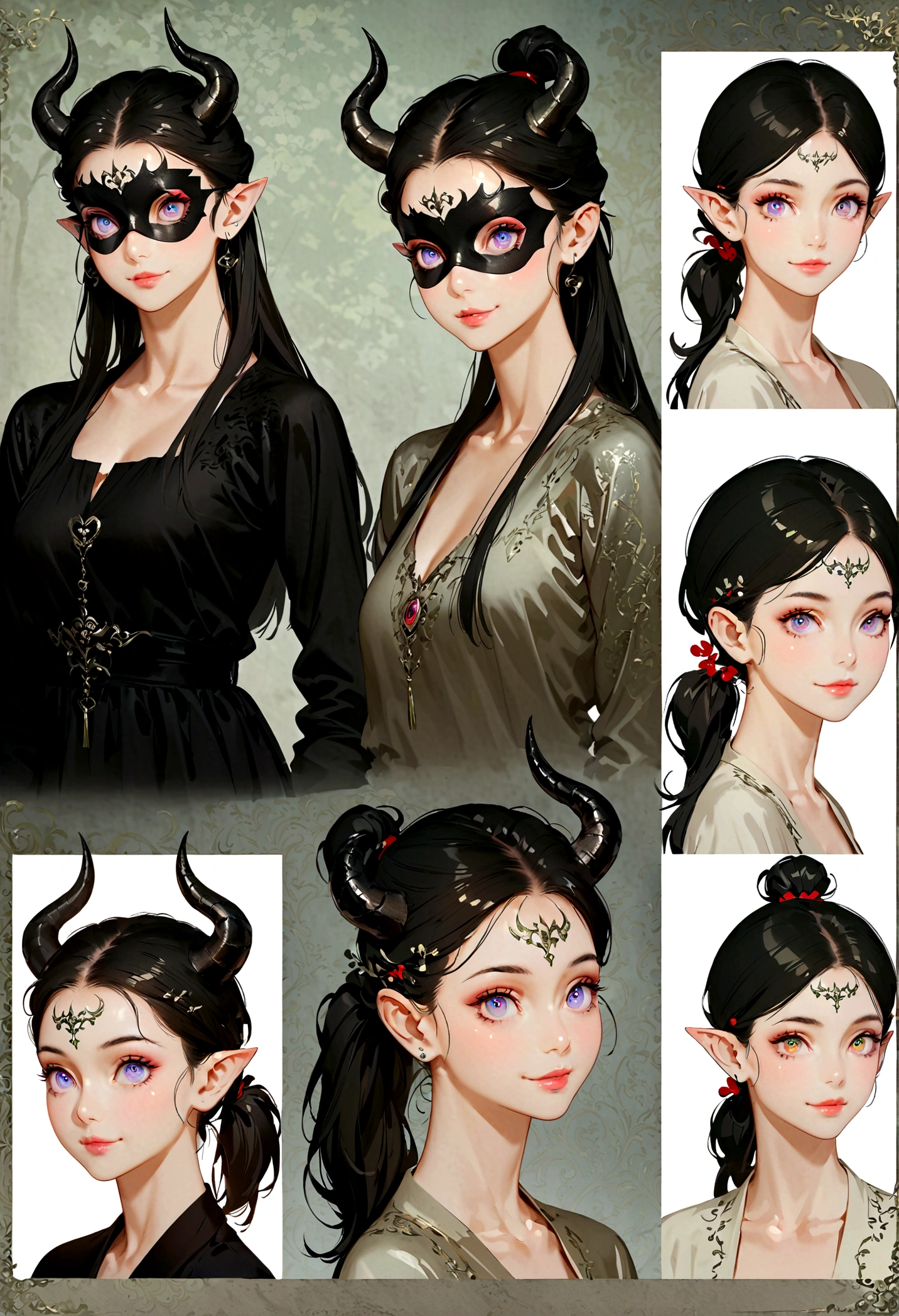 Black Hair, Short Ponytail, Widow Peak, Angel Halo, Devil's Horns, Colorful eyes, Pointed ears, Smile, young people, Concept Art, realism, Chiaroscuro, Anatomically correct, Textured Skin,Eye mask