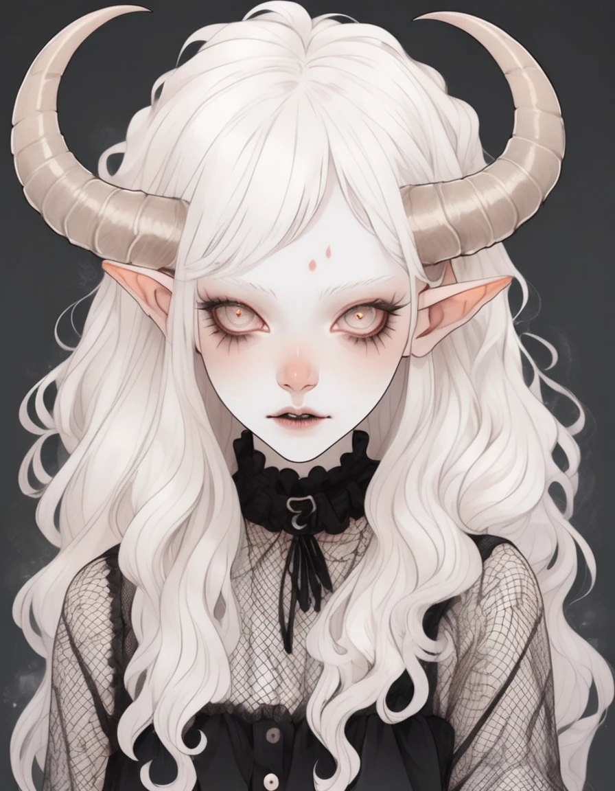 Cute cartoon, Albino demon girl with smokey eyes who is lethargic and sleepy. (wave hands:1.3) To the camera, white curls, mesh fishnet blouse, (long and intricate horns:1.2) 