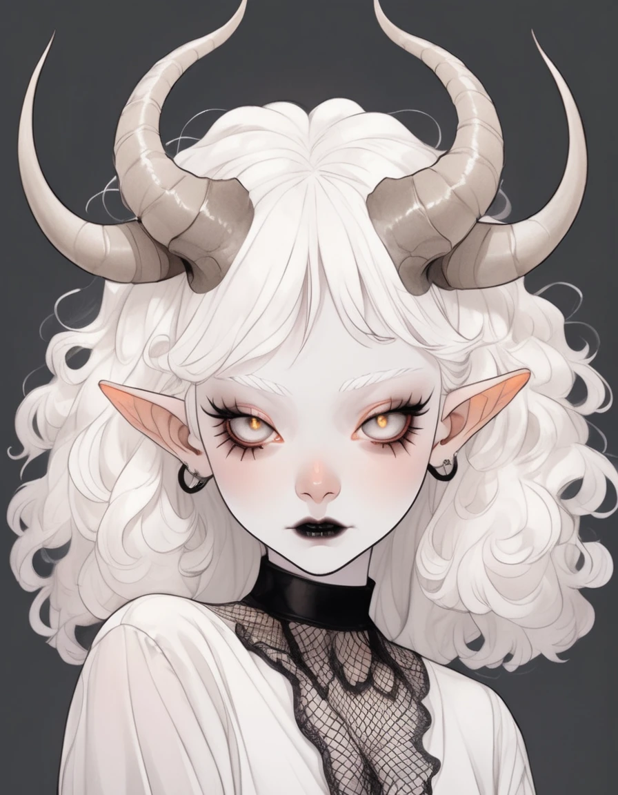 Cute cartoon, Albino demon girl with smokey eyes who is lethargic and sleepy. (wave hands:1.3) To the camera, white curls, mesh fishnet blouse, (long and intricate horns:1.2)