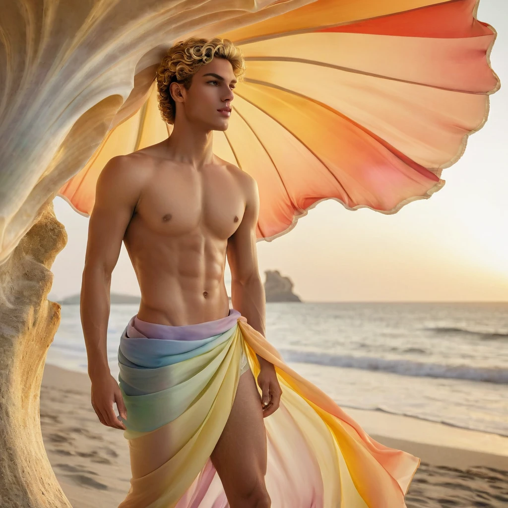 candid an photo of prince charming, 23 year old male supermodel, attractive and exotic, short curly blonde hair, a masculine appearance with slender smooth body, delicate and symmetrical face, natural olive skin tone, ((standing on a large seashell)), position in a graceful contrapposto stance, inspired by Sandro Botticelli's painting The Birth of Venus, he is wrapped in classical drapery sheer rainbow color fabric, with flowing dramatically in the wind, some fabric to billow as if caught by a gentle breeze. The composition include mythological elements, such as a backdrop of a serene with a golden sunrise and nymphs to frame the scene. Illuminate the scene with soft diffused lighting to create a dreamlike, celestial atmosphere, capturing the delicate interplay of light and shadow on his face and body. ((full body shot)), wide-angle lens on a high-resolution DSLR camera to capture the grandeur and intricate details of the setting, while shooting from a dynamic angle to emphasize the model's majestic presence. The overall mood should blend the classical elegance of Botticelli's work with a modern, high-fashion aesthetic, producing an image that feels both timeless and contemporary, adding the Two Cherubs in the sense to balance and harmony the photo, evoke the soft ethereal quality of the Renaissance style, POV, raw photo, ((masterpiece)), ((best quality:1.4)), High Resolution, (ultra_realistic:1.37), (photorealistic:1.4, (NSFW), ((Pay attention to the layer and arrangement of body parts and surrounding objects)), ((Pay attention to the body composition)), ((Correct body structure)), ((Correct photo distance)), romantic atmosphere, lively extremely Gorgeous background),