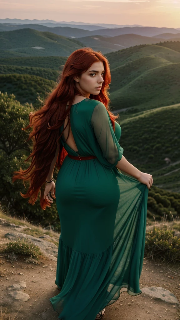 Rear view Very young woman with bright red disheveled hair, a bit like Scarlett Johansson, Juicy figure,  Wonderful big eyes and plump lips, stands on top of a mountain and looks at the landscape. She is dressed in a long chiffon dress, flowing, Flying dark green dress, Sunset