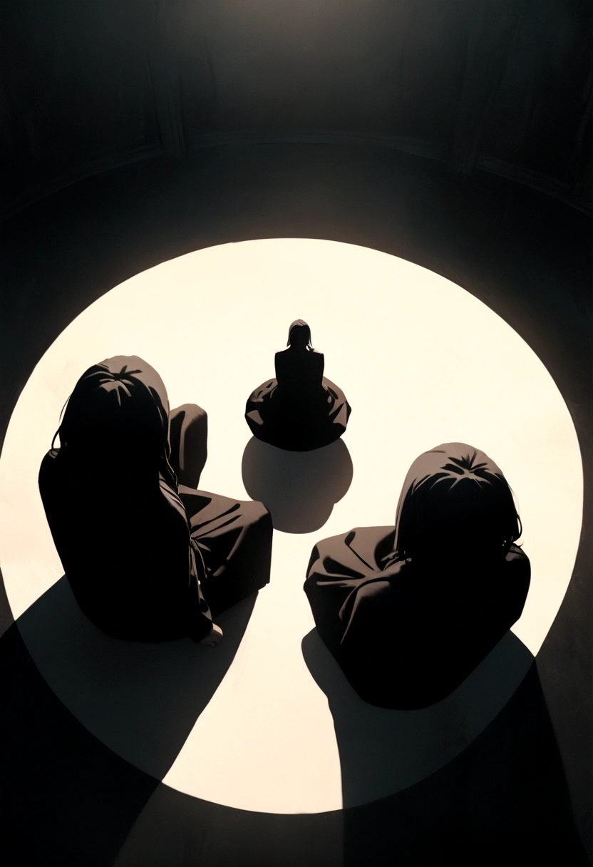 "A group of 4 people wearing large black robes, sitting in a circle in a dark location, minimalist characters, 8k resolution, high definition, photorealistic style, cinematic lighting, melancholic atmosphere, dramatic shadows, muted color palette."