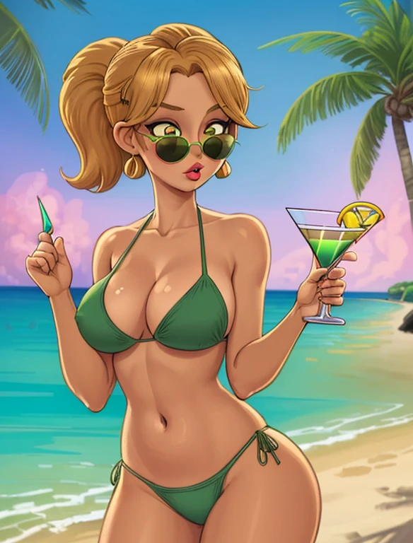 (best quality:1.3), (4K quality),masterpiece, best quality, high res, detailed, (Detailed face:1.2), (Detailed eyes:1.2), (Hourglass figure:1.2), CARTOON, ANIME, CARTOON ARTSTYLE, 1girl, solo, 36-years-old, tan olive skin, short blonde hair, pony tail style, emerald eyes, eyeshadow, mascara, red lipstick, puckered lips, ((Wearing a flossing green bikini and sunglasses)), walking, ((holding a martini glass in one hand)), beautiful beaches, palm trees, beach resort, beach vacation, summer getaway, relaxed atmosphere, cinematic lighting, sunset, detailed background,
