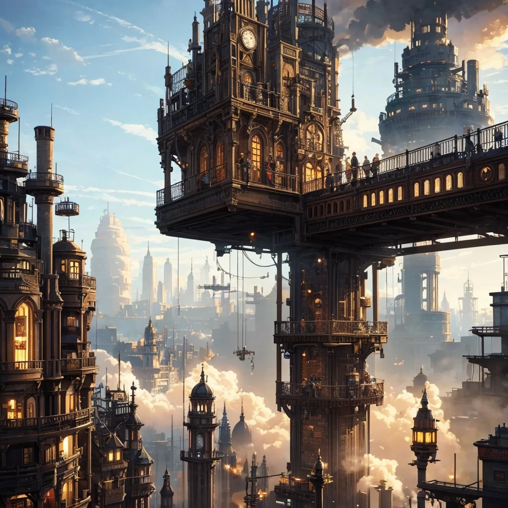 Steampunk city with a lot of steam
