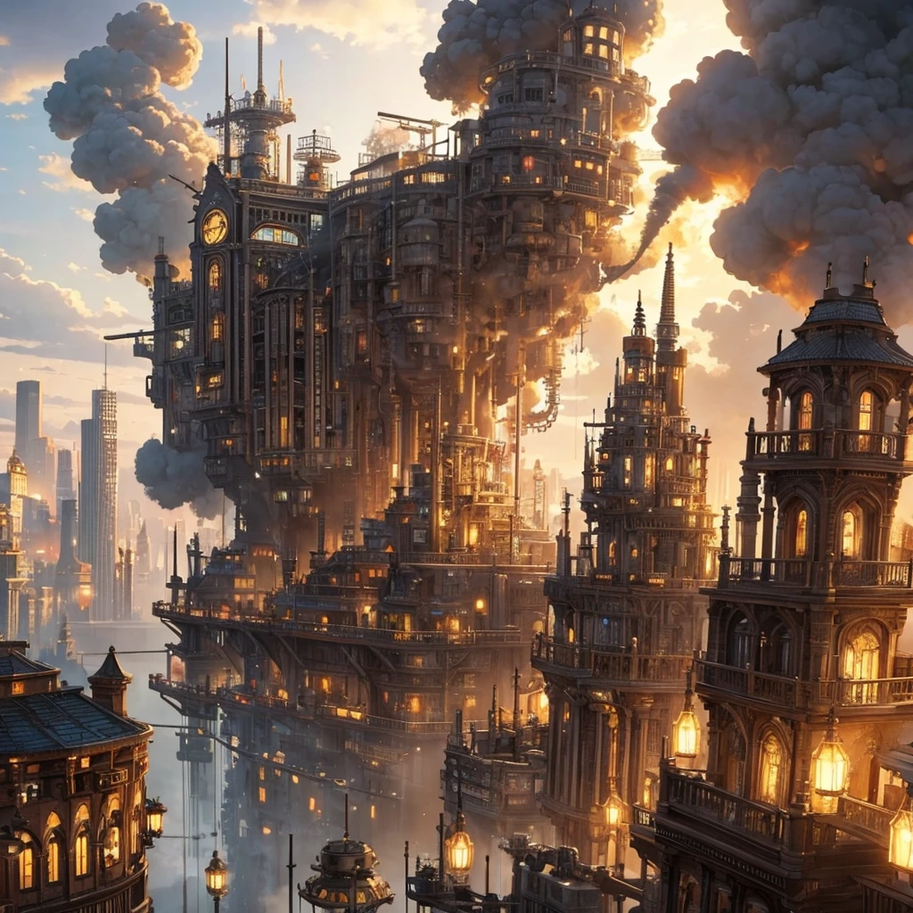 Steampunk city with a lot of steam